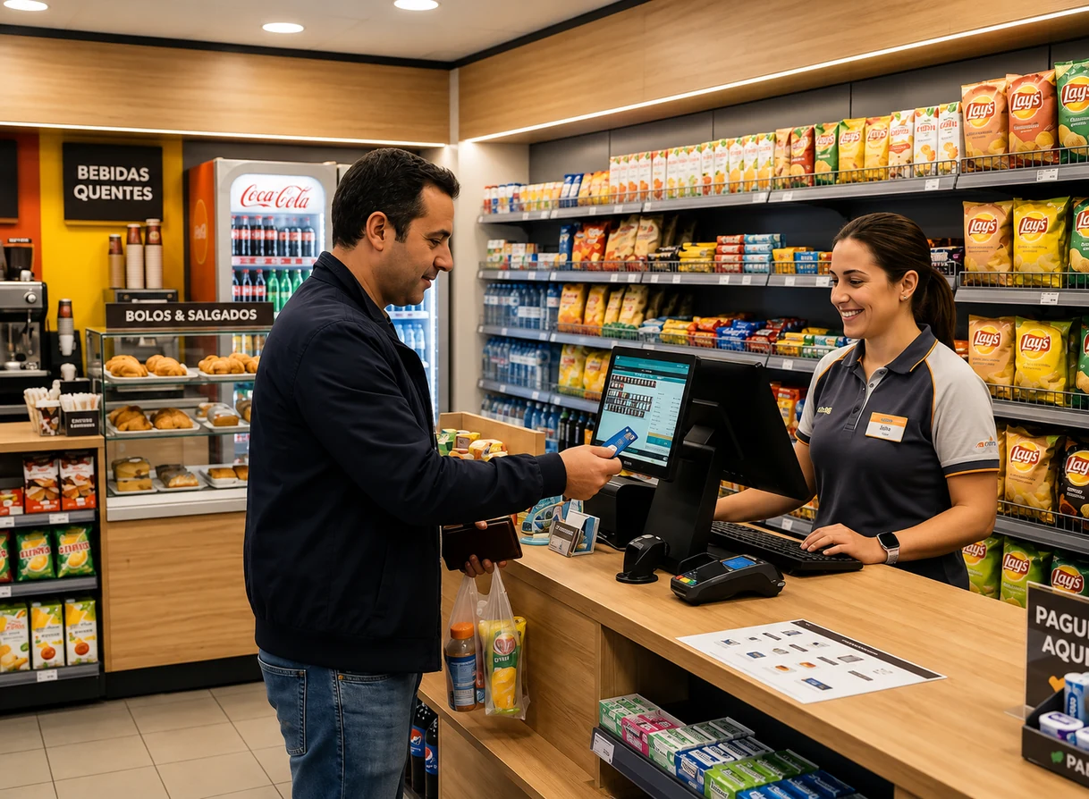Cliente pagando no caixa de uma loja de conveniência com PDV e pinpad